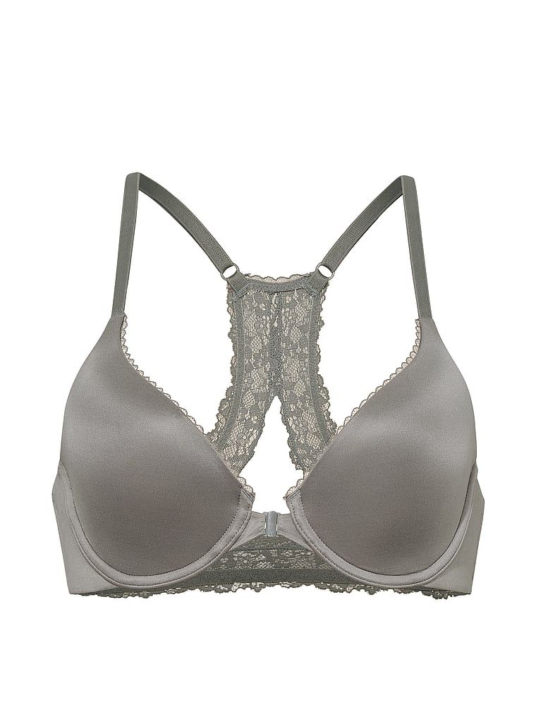 Lehce přišitá podprsenka zapnutá vpředu silně uzavřenými košíčky Racerback. Produkt je šedou barvy, pochází z kolekce Body by Victoria.