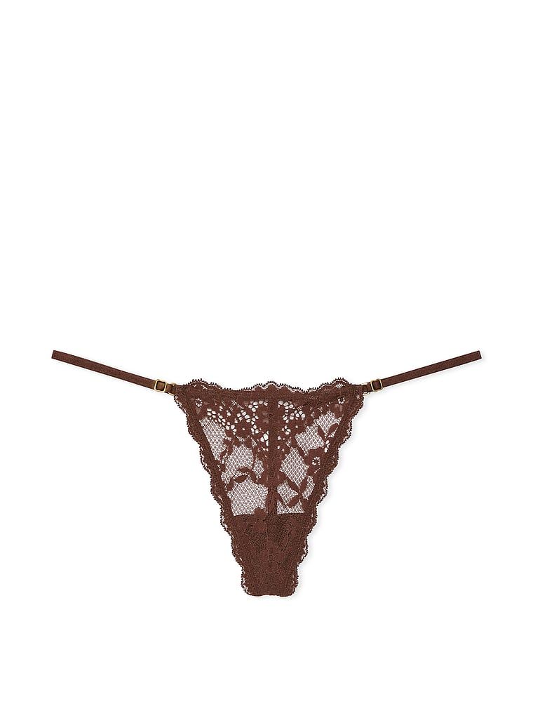 Krajková tanga s nastavitelnými řemínky Lace V-String. Výrobek je hnědý a pochází z kolekce Dream Angels.