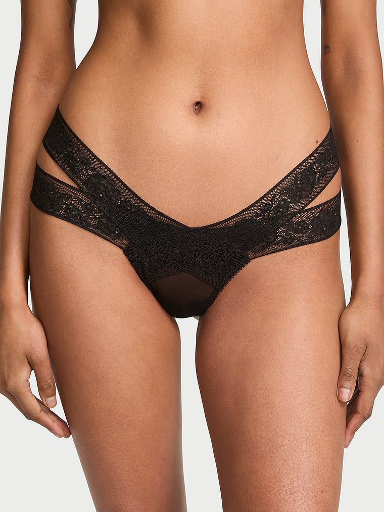 Very Sexy Tanga z krajky s motivem růže, s pásky a průstřihy