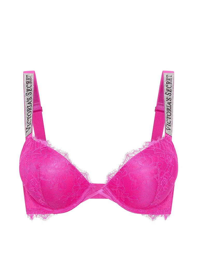 Push-up krajková zvětšovací podprsenka pro 2 velikosti Bombshell Shine Strap. Produkt je růžové barvy a pochází z kolekce Very Sexy.