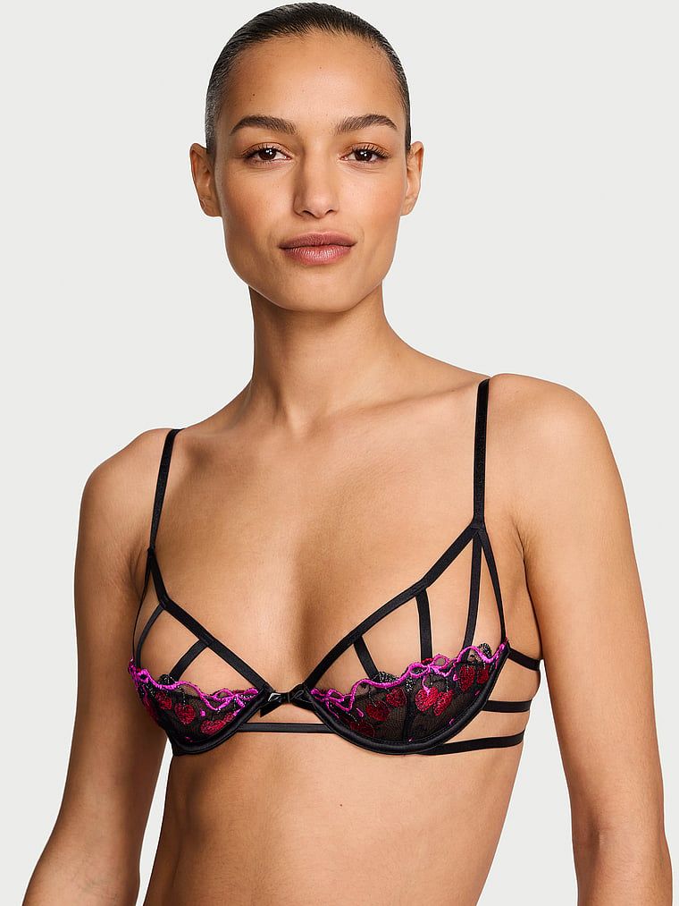 Very Sexy Průhledná demi podprsenka s třešňovou výšivkou bez podšívky