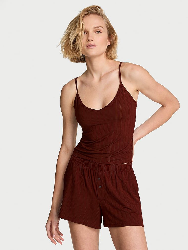 Modální spací sada – top s ramínky a šortky SoSoft. Produkt je hnědé barvy a pochází z kolekce Victoria's Secret.