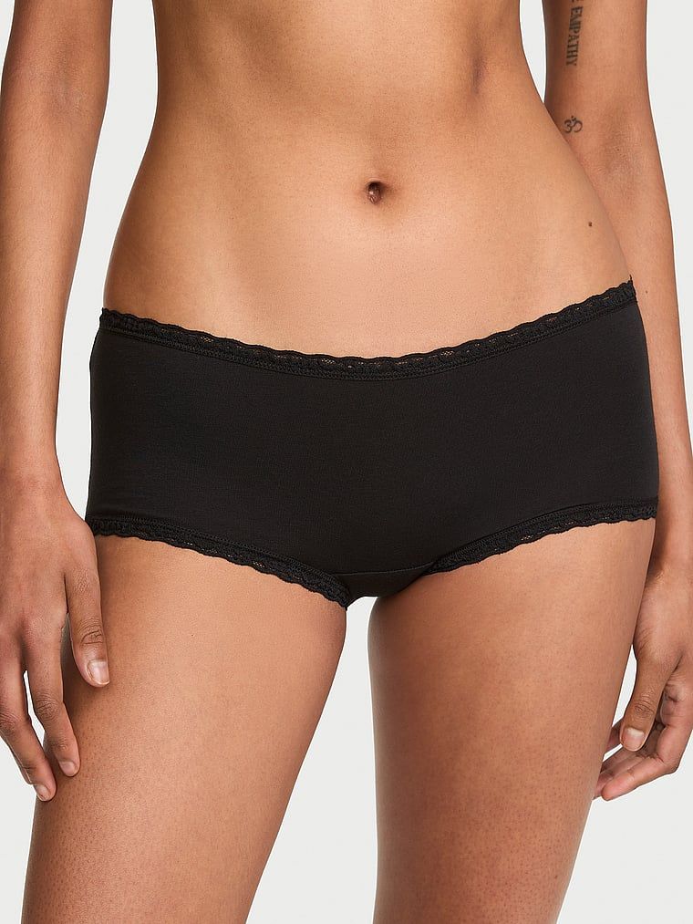 Lace Trim Bavlněné kalhotky Boyshort s krajkovým lemováním