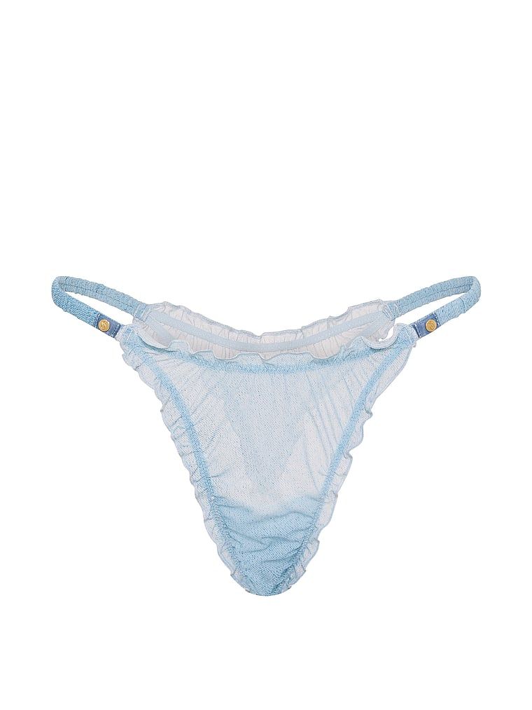 Tanga s volánky z džínové síťky. Produkt je vzorovaný a pochází z kolekce Very Sexy.