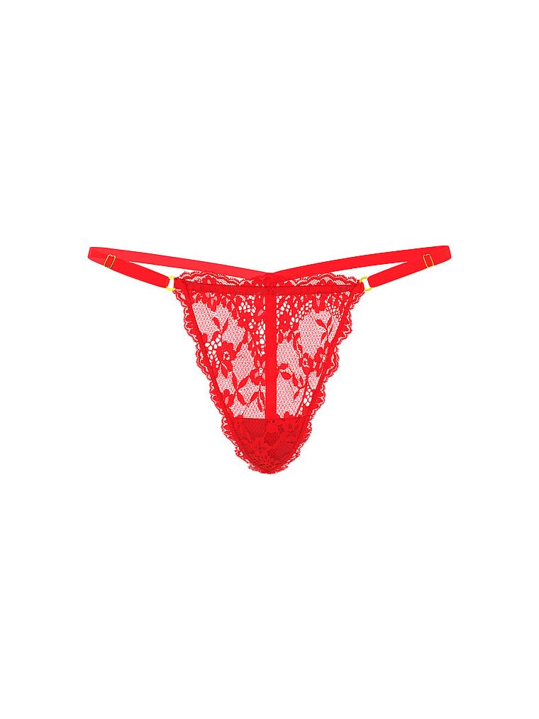 Krajková tanga s nastavitelnými řemínky Lace V-String. Výrobek je červené barvy a pochází z kolekce Dream Angels.