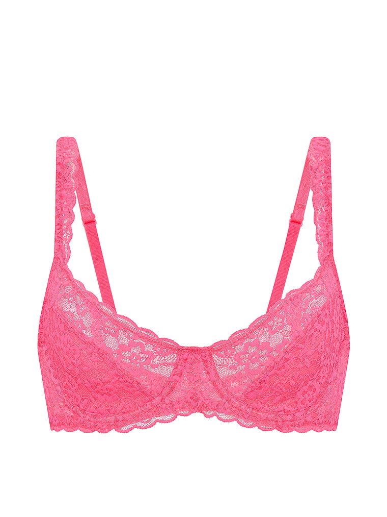 Krajková podprsenka s balkonem bez vycpávky. Produkt je růžové barvy a pochází z kolekce Victoria's Secret.