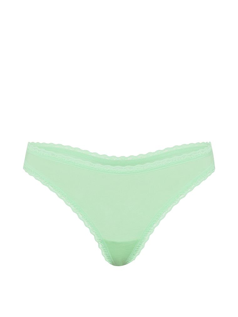 Bavlněné tanga s krajkou na okrajích Lace-Waist. Produkt je zelené barvy a pochází z kolekce Lace Trim.