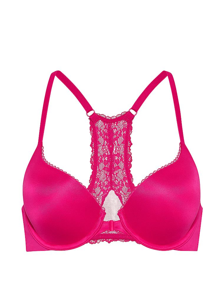 Podprsenka na kliky zapnutá vpředu na Racerbacku. Produkt je růžové barvy a pochází z kolekce Body by Victoria.