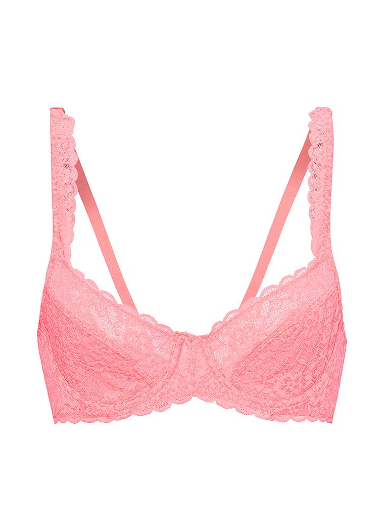 Krajková podprsenka s balkonem bez vycpávky. Produkt je růžové barvy a pochází z kolekce Victoria's Secret.