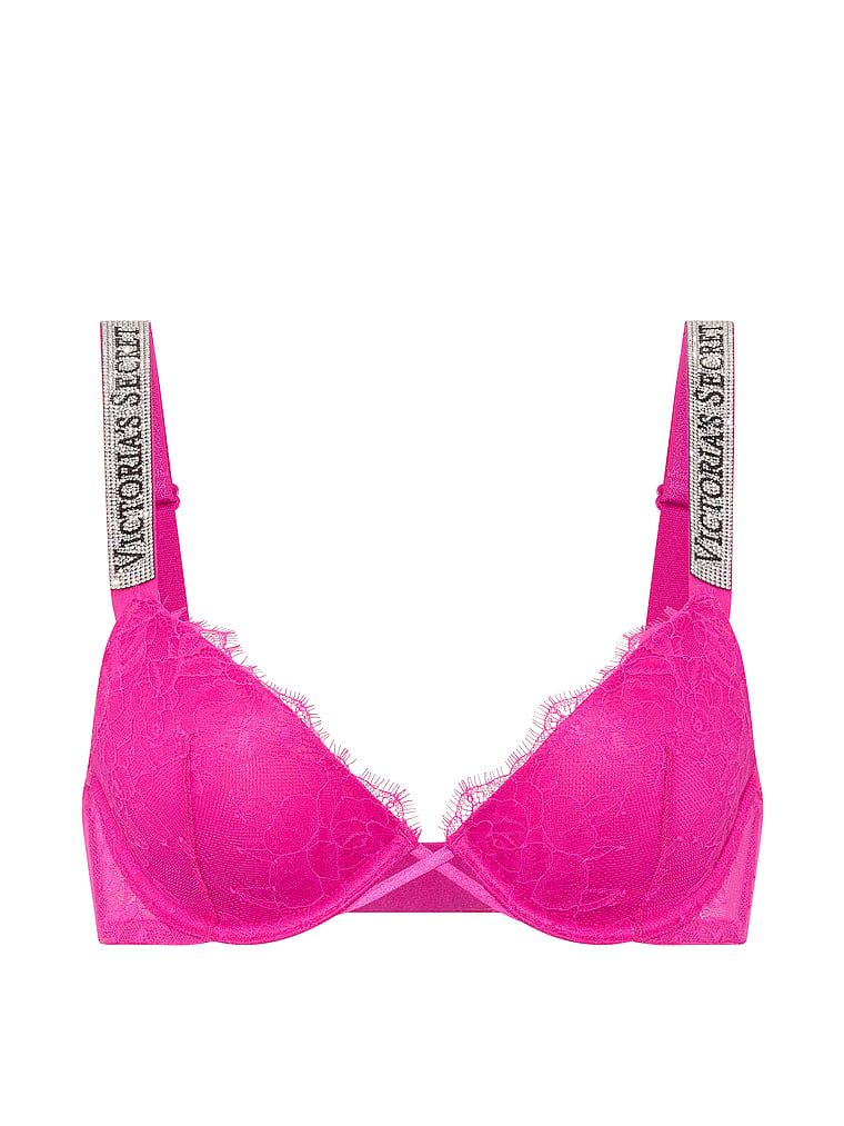 Mírně vycpávaná krajková podprsenka s lesklými ramínky Shine Strap Demi. Produkt je růžové barvy a pochází z kolekce Very Sexy.