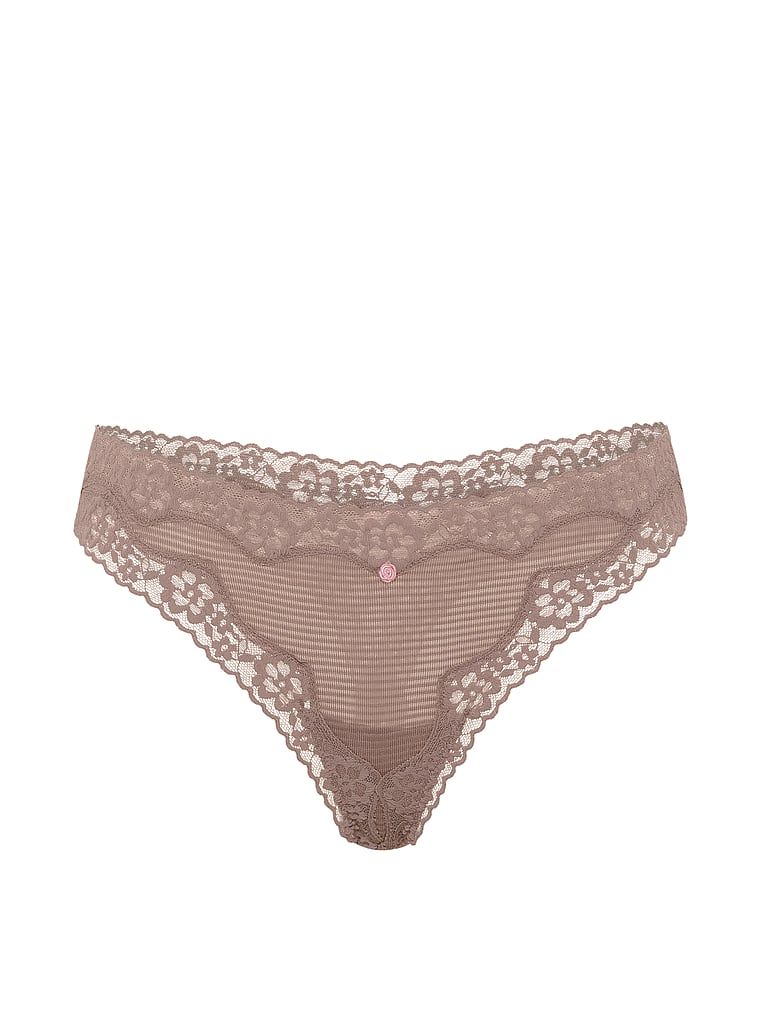 Pruhované bavlněné tanga s krajkou na okrajích. Produkt je hnědé barvy a pochází z kolekce Lace Trim.