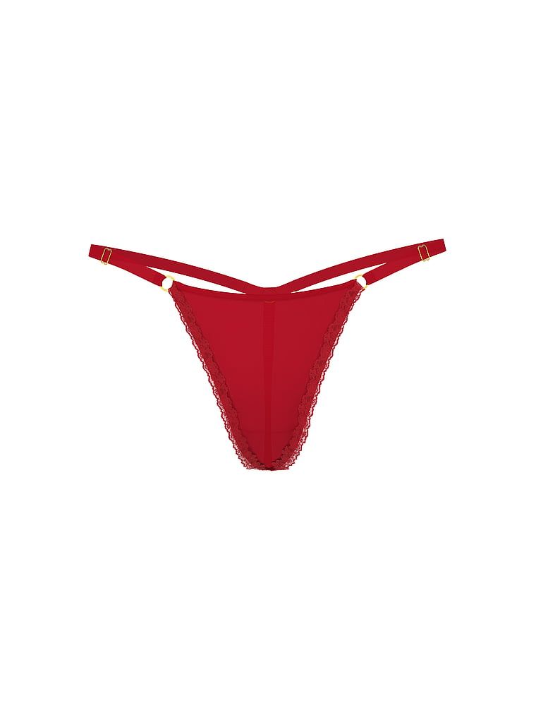 Tanga s nastavitelnými ramínky s růžovým lemováním. Produkt má červenou barvu a pochází z kolekce Very Sexy.