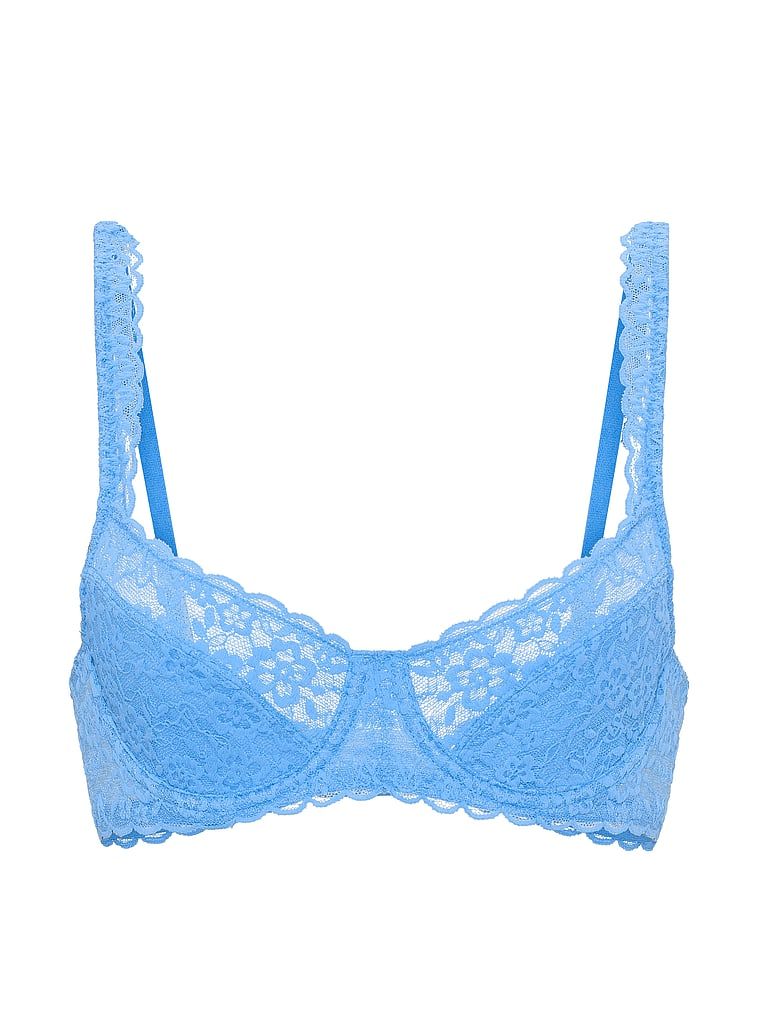 Krajková podprsenka s balkonem bez vycpávky. Produkt je modré barvy a pochází z kolekce Victoria's Secret.
