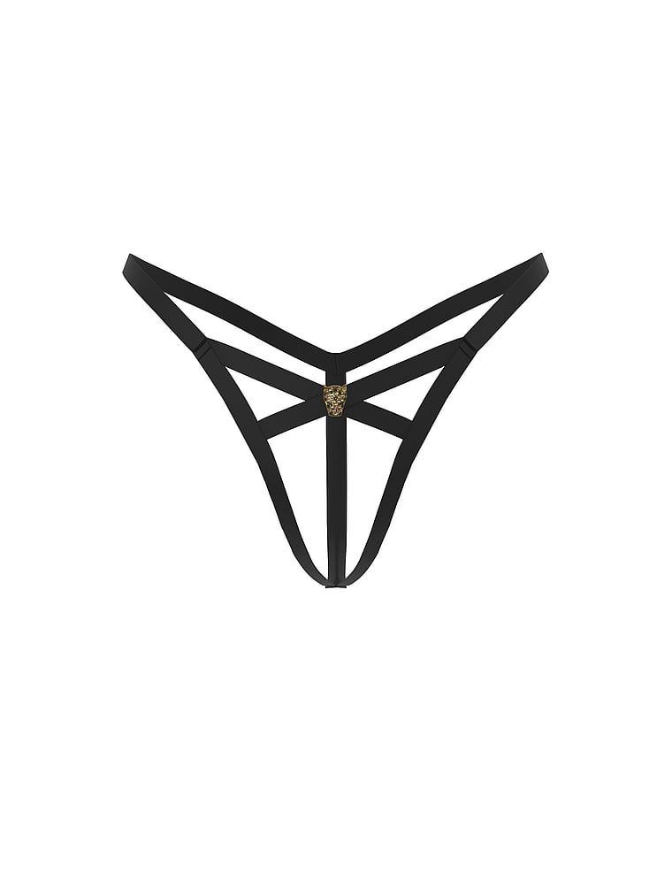 Tanga s ramínky bez rozkroku, Shine Leo Hardware. Produkt je černý a pochází z kolekce Very Sexy.